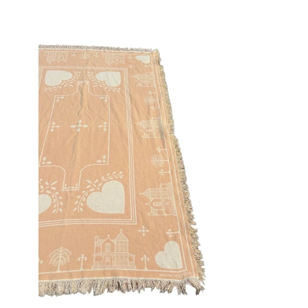 Vintage 1990 Tapestry Throw Cottagecore Peach Cream Houses Hearts Granny Mom